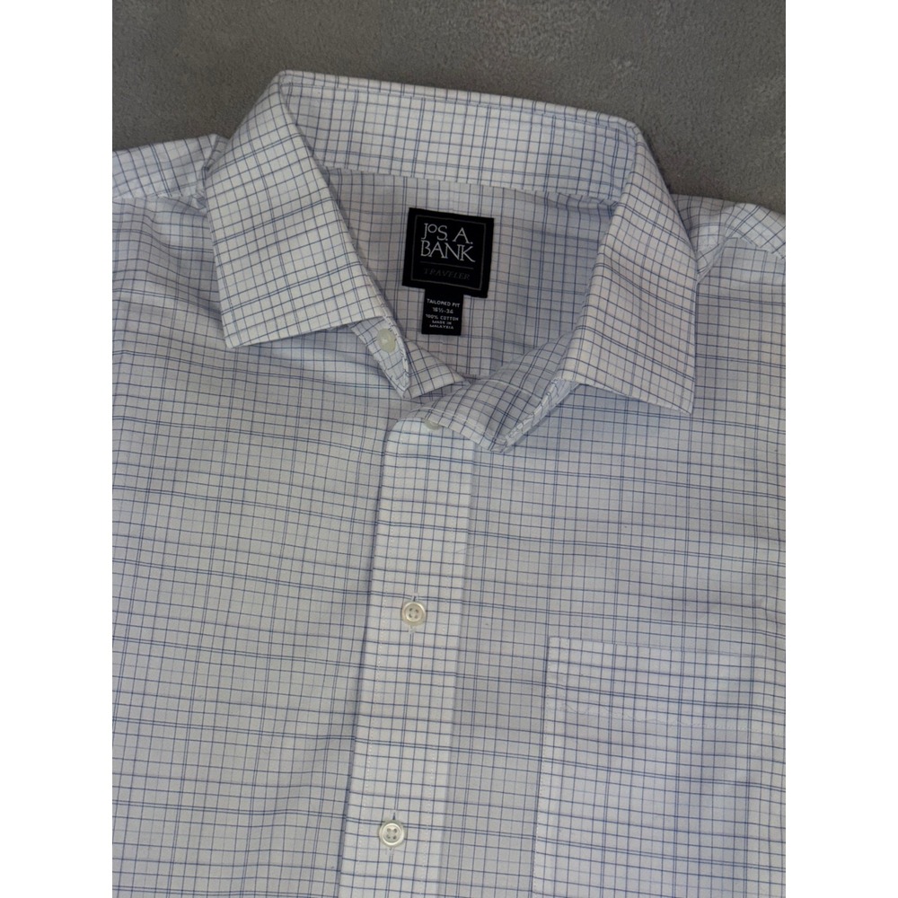 Jos A Bank 16.5X34 Mens Long Sleeve Dress Shirt Blue White Check Wrinkle Free